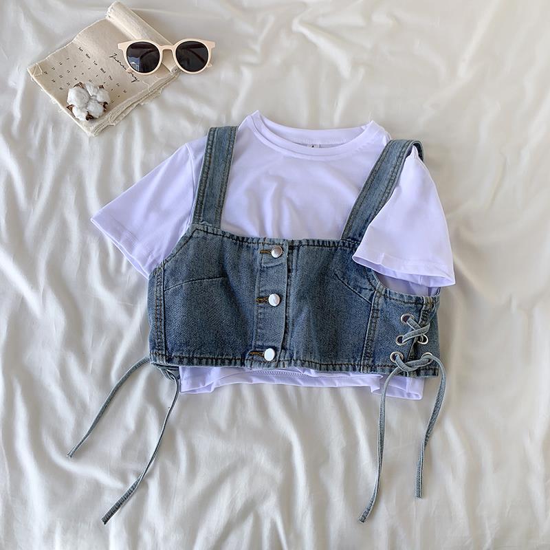 Stylish Vest Elegance Fashion Casual Tie Slim Short Section Outwear Denim Camisole Female Design Single-breasted Stacked Small Undershirt Female