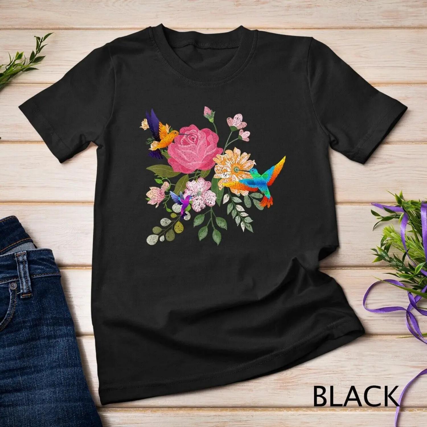 Vintage Bird Animal Lover Nature Roses Flowers Hummingbird T shirt S чёрный