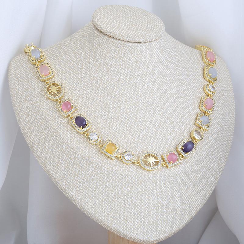 Exquisite Luxury Copper Inlaid With Colored Diamonds Geometric Splicing Bracelet Necklace Personalized Dopamine Jewelry Set Vl699-700