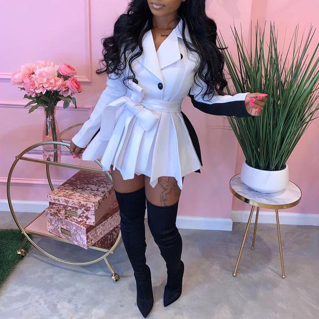 Mode Frauen verdickt Patchwork Langarm Bandage großen Revers Mantel Kleid