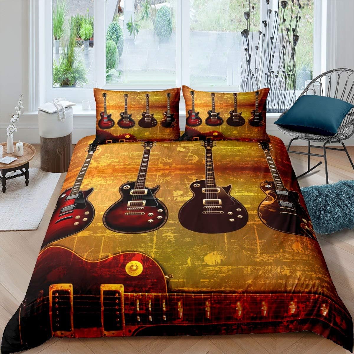 

Guitar Duvet Cover Twin,Modern Music Themed Bedding Set Kids Cool Hip Pop Inspired Bed Cover,Musical Instrument Comforter Cover EU Single(135x200cm)
