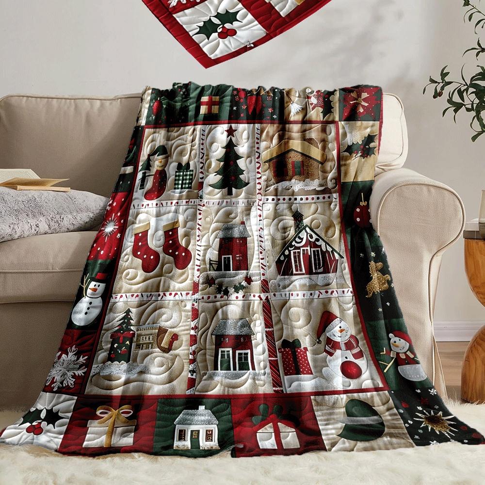 Christmas Elements Snowman Tree Gift Print Throw Blanket Soft Lightweight Blanket For Bed Couch Sofa Living Room Travel Blankets