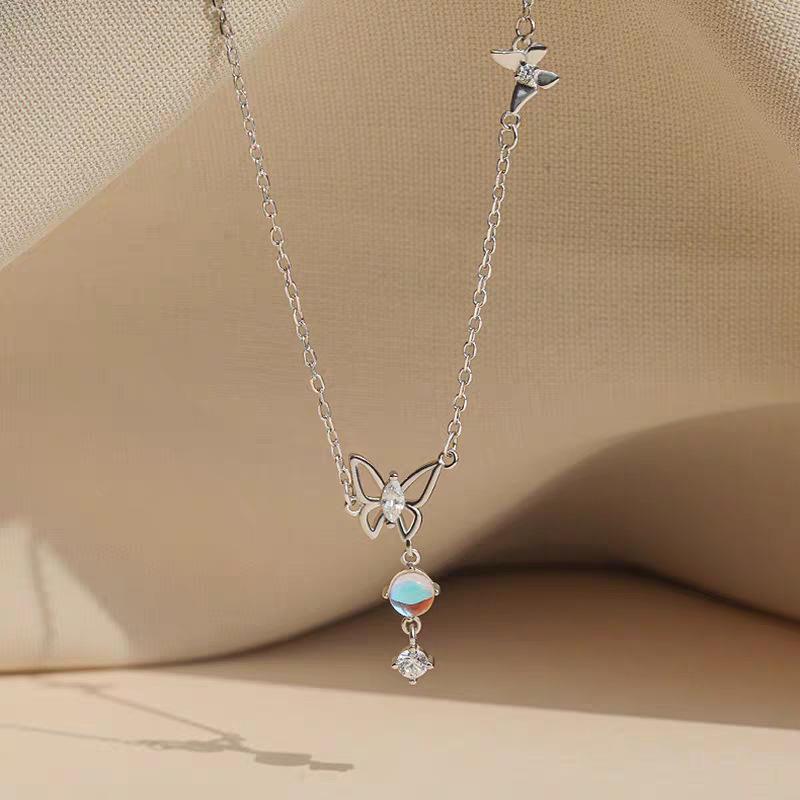 Moonlight Glazed Butterfly Necklace in S925 Sterling Silver - Sweet Heart Tassel Clavicle Chain