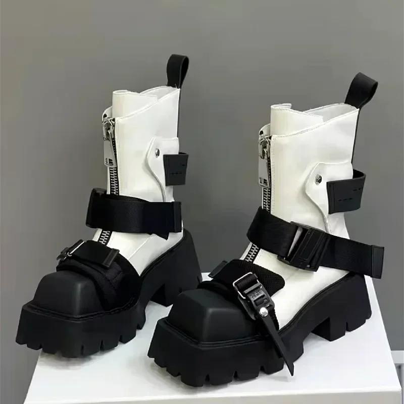 Fashion Luxury Leather Ankle Boots Women Zip Belt Buckle Strap Design Motorcycle Boots Thick Bottom Non-slip Platform Botas Para Mujer