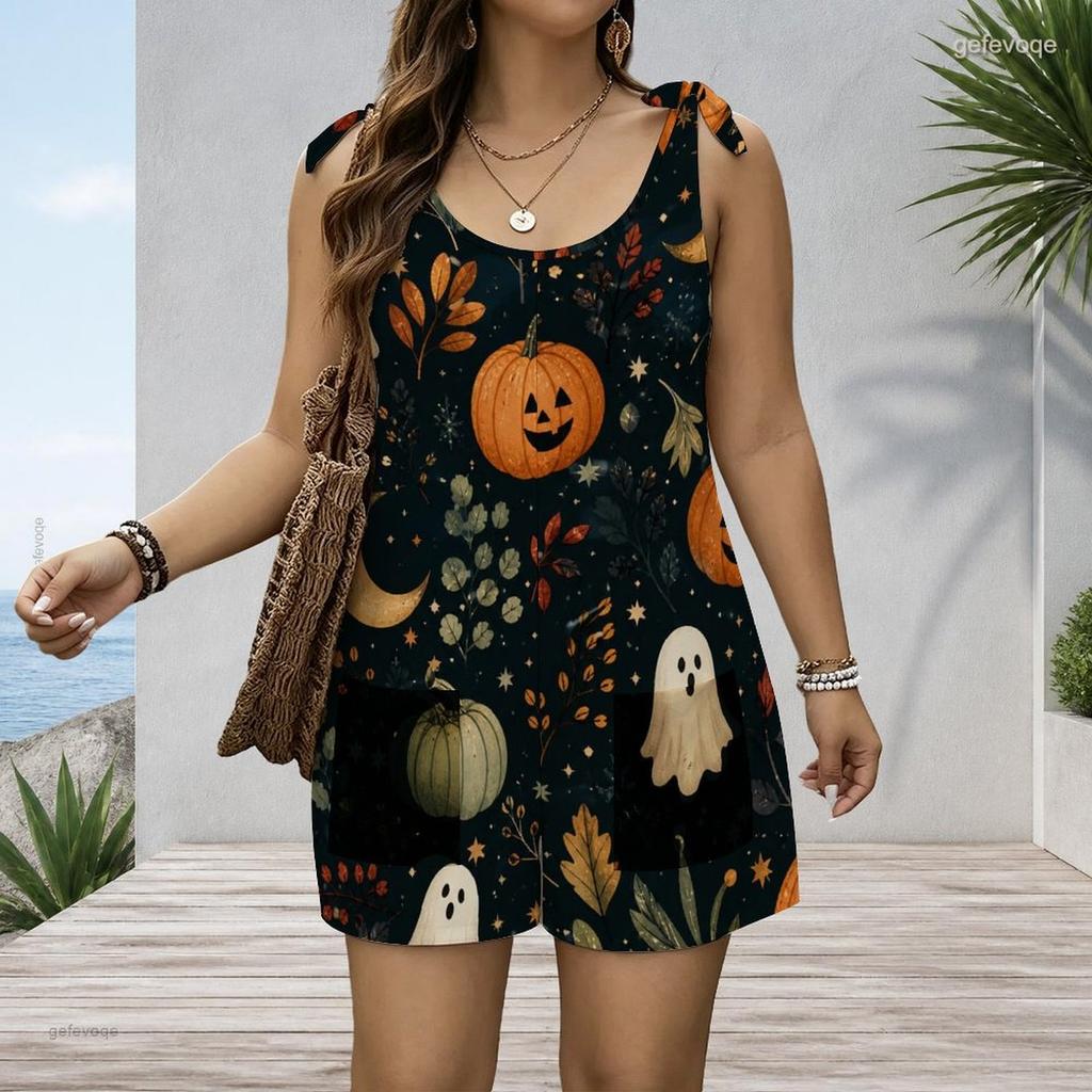 Women Plus Size Crew Neck Tank Romper Moon Star Celestial Print Jumpsuit Shorts