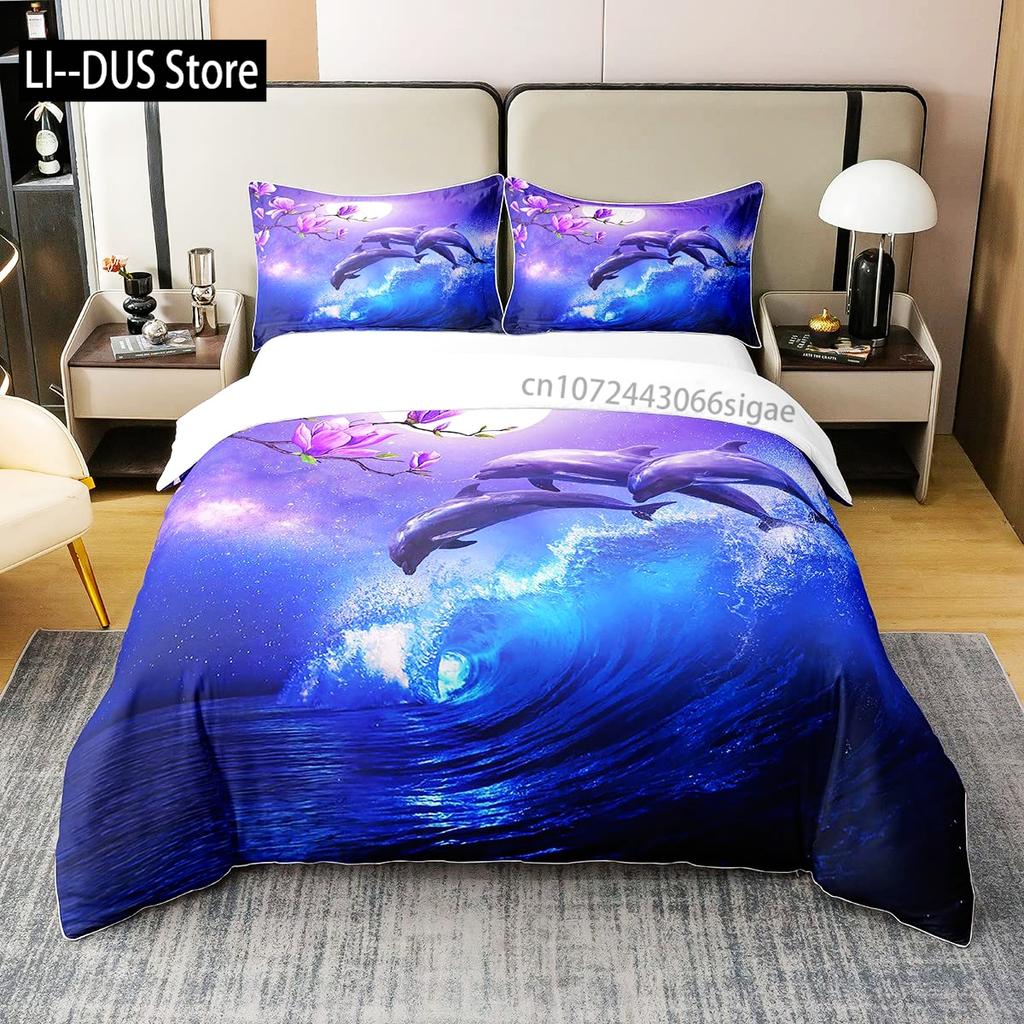 Galaxy sängkläder delfin täcke för barn vuxen påslakan havsdjur sängöverkast stjärnhimmel blå rumsdekor 3 delar