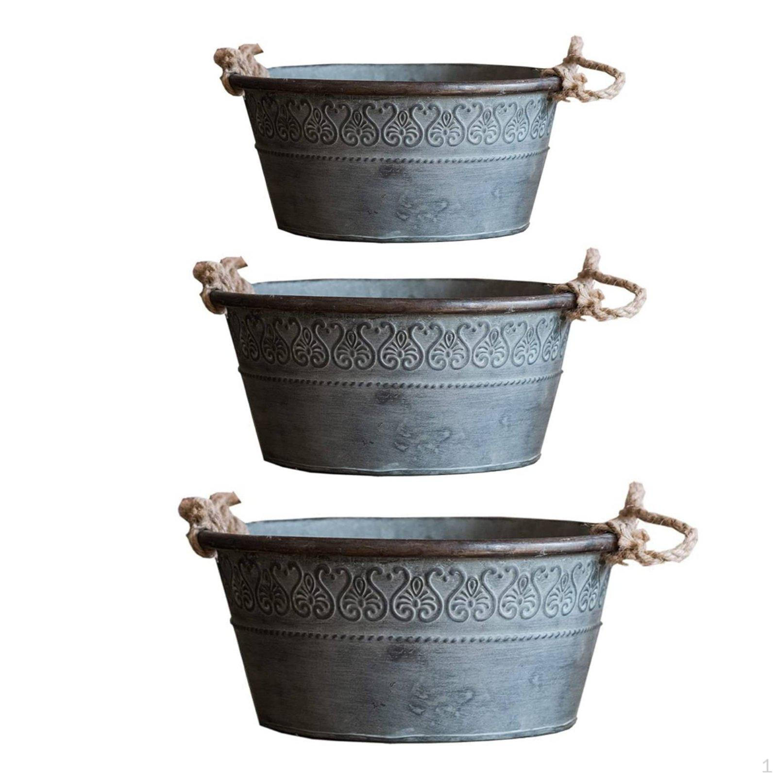 Rustic Iron Planter with Rope Handles Versatile Decorative Pail Multipurpose Galvanized Bucket