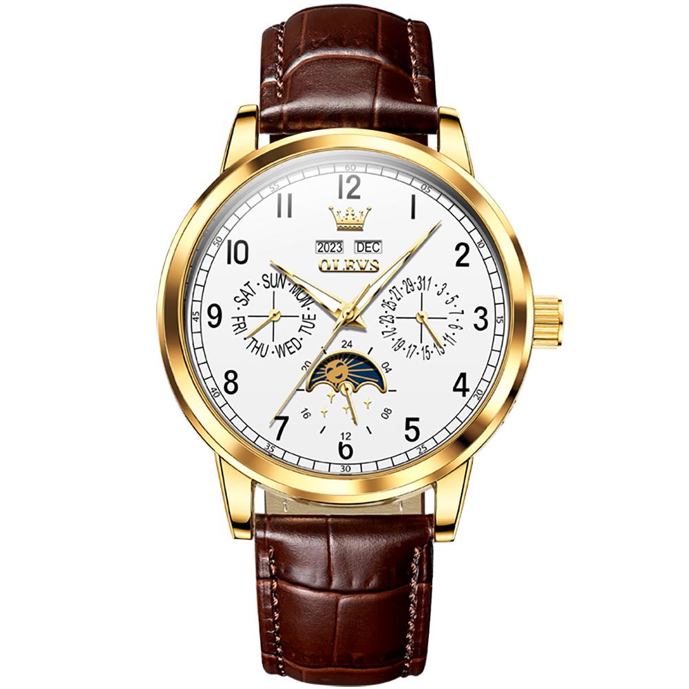 OLEVS 6698 Leder Arabische Ziffern OEM-Logo Multifunktional Mondphase Automatische Mechanische Uhr für Herren