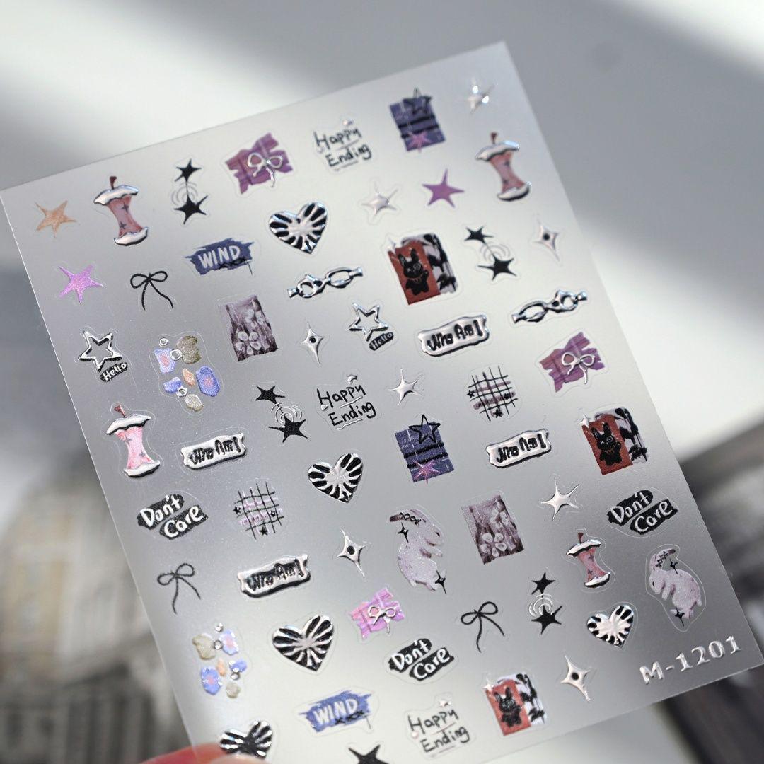 

2025 Liquid Metal Nail Stickers: Clock, Heart, Flower, Star, Moon Designs for Y2K Style Unique Design Clock Five-Petal Flower