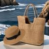Chic Large Capacity Paper Woven Straw Tote Handbag for Women, Summer Woven Beach Shoulder Bag with Zip ClosureHat and Suit Set