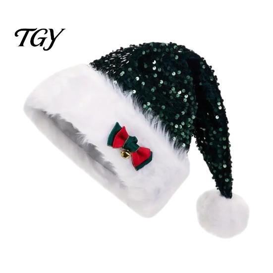 Cute Xmas Headgear for Family Christmas Sparkly Sequins Santa Hat Adults, Velvet Plush Glitter Bling Warm Winter Party Headwear with Fluffy Pompom New