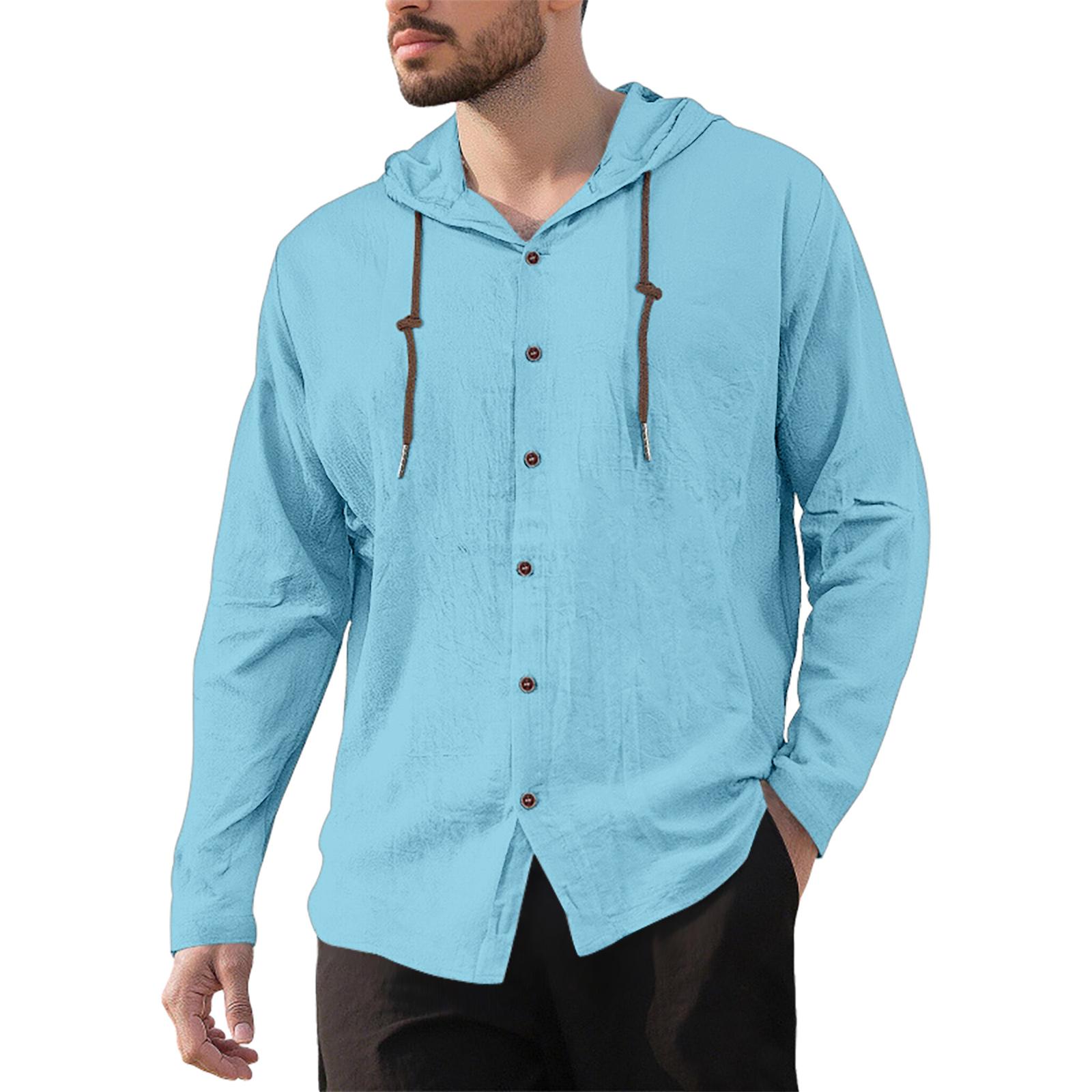 

Men s Casual Cotton-Linen Blend Hooded Button-Down Shirt L