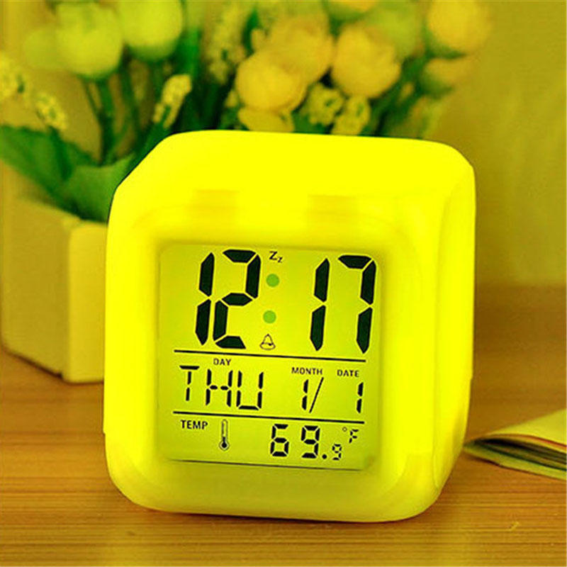 Alarm Clock LED 7 Colors Glowing Change Digital Light Alarm Clock Multi-Funtional Square Shape Clocks For Bedroom