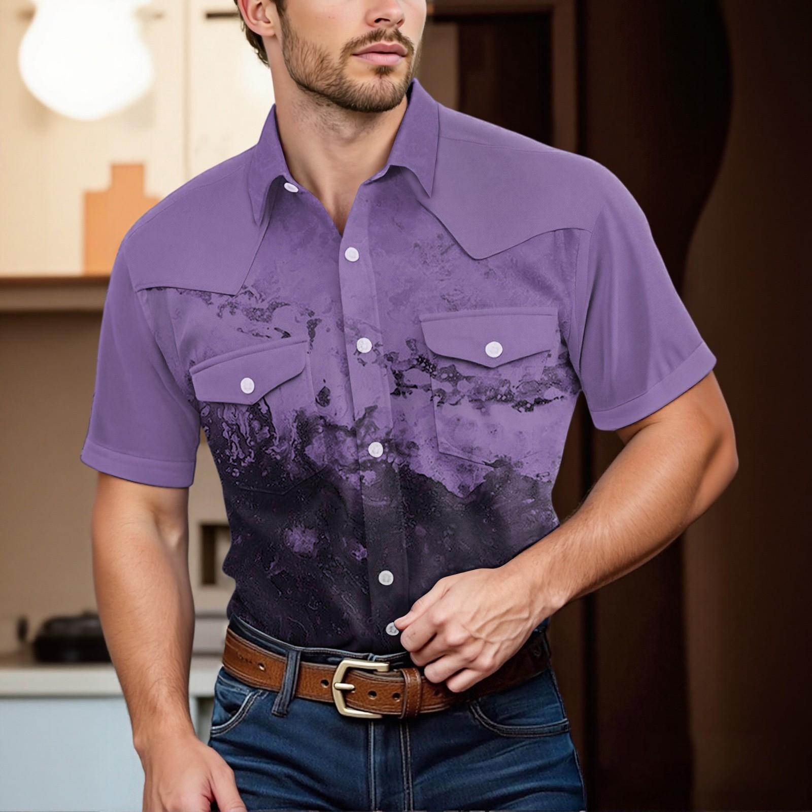 

Мужской модный топ кэжуал с короткими рукавами, лацканами и длиной до плеч L фиолетовый