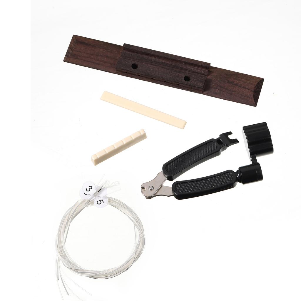 4-Piece Classical Guitar Bridge Replacement Set (Rosewood Bridge + Upper and Lower Nut + Strings + String Winder)