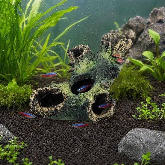 Decaying Trunk Aquarium Hide Decorative Betta Fish Hideout with Multiple Holes