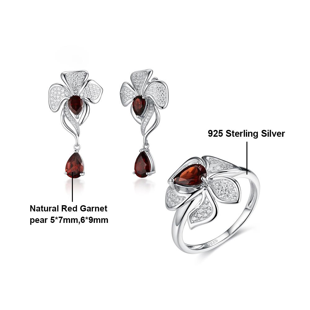 Wunderschönes Blumendesign Natürlicher Granat gepaart mit weißem Zirkon Damen Ring Ohrringe Schmuckset 925 Silber Jubiläumsgeschenk