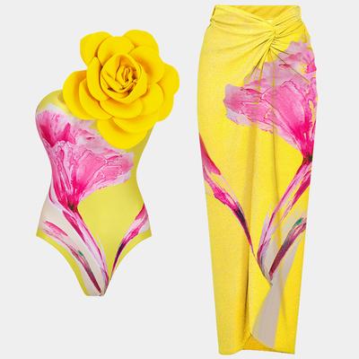 New One-piece Swimsuit Female Sexy Roses with Glossy Polyester Print Skirt Swimsuit Set