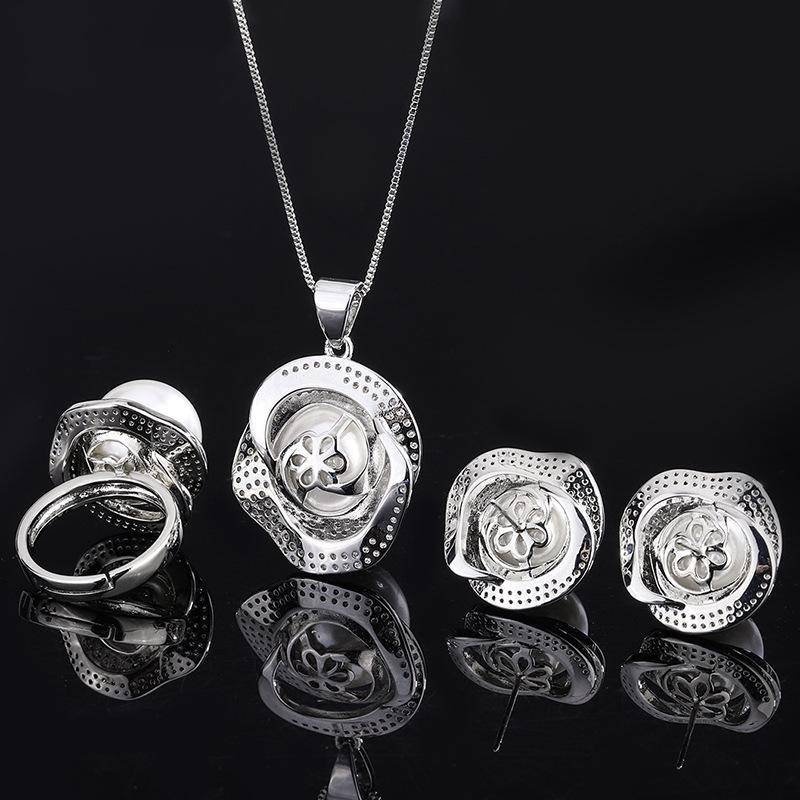 Jewelry White Shell Beads Rose Geometric Diamond Set Individual Packaging Ring Pendant Earrings Set