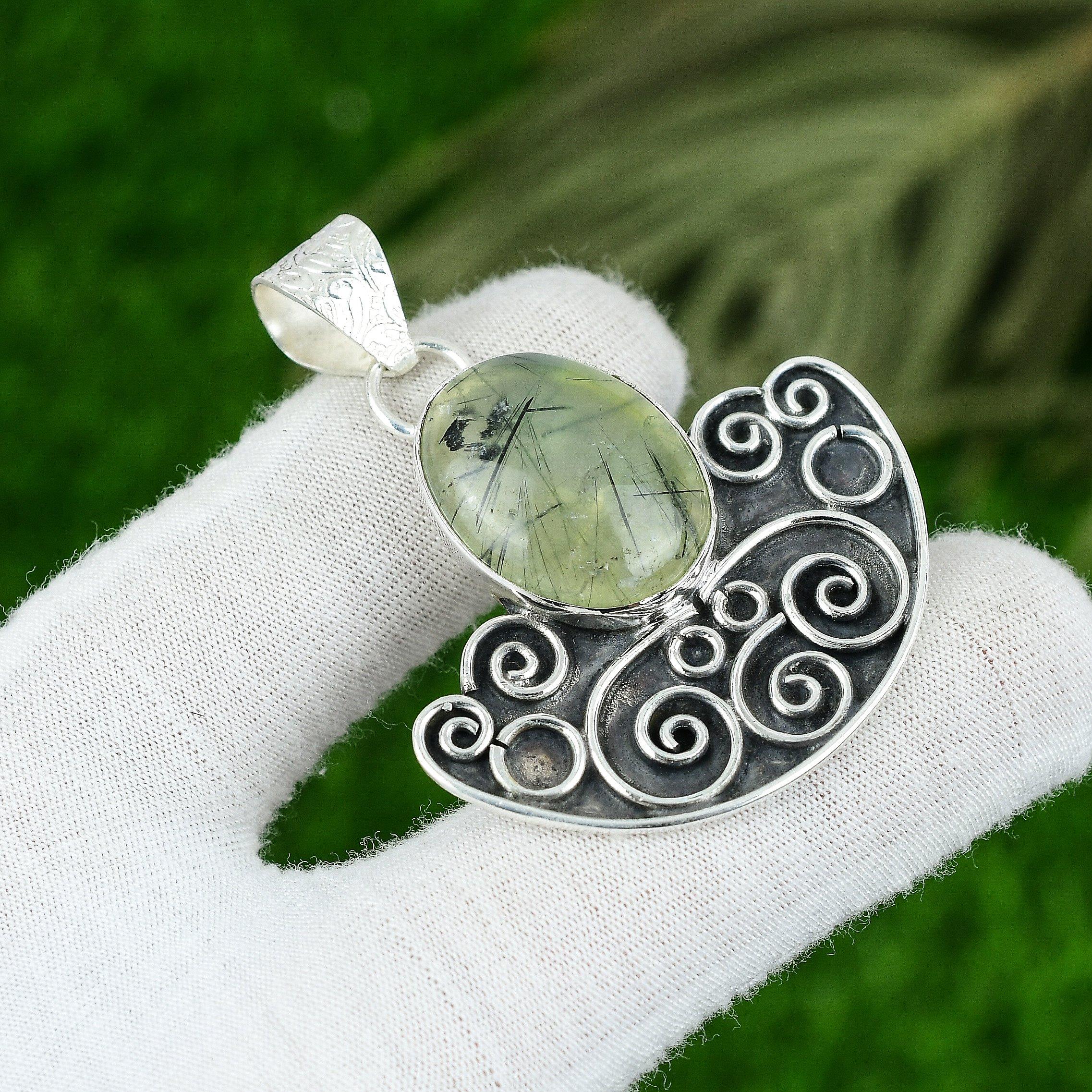 

Moss Prehnite Stone Elegant Boho Bezel Ethnic Trendy Pendant 925 Sterling Silver