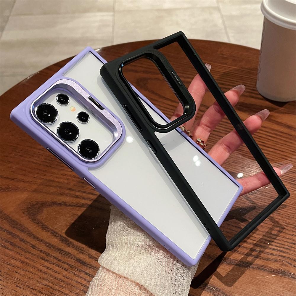 Luxury Camera Stand Folding Holder Clear Case For Samsung Galaxy S24 Ultra S22 Plus S23 FE Lens Protector Transparent Hard Cover