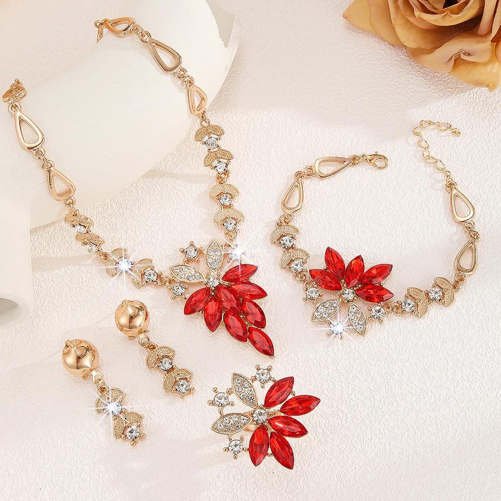 Women’s Rhinestone Red Eye Jewelry Set: Necklace, Earrings, Ring, Bracelet