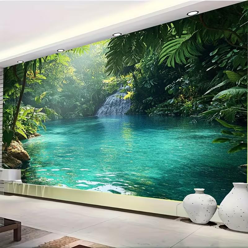 2D Lush Rainforest Waterfall Wall Tapestry Tropical Nature Background Cloth for Home