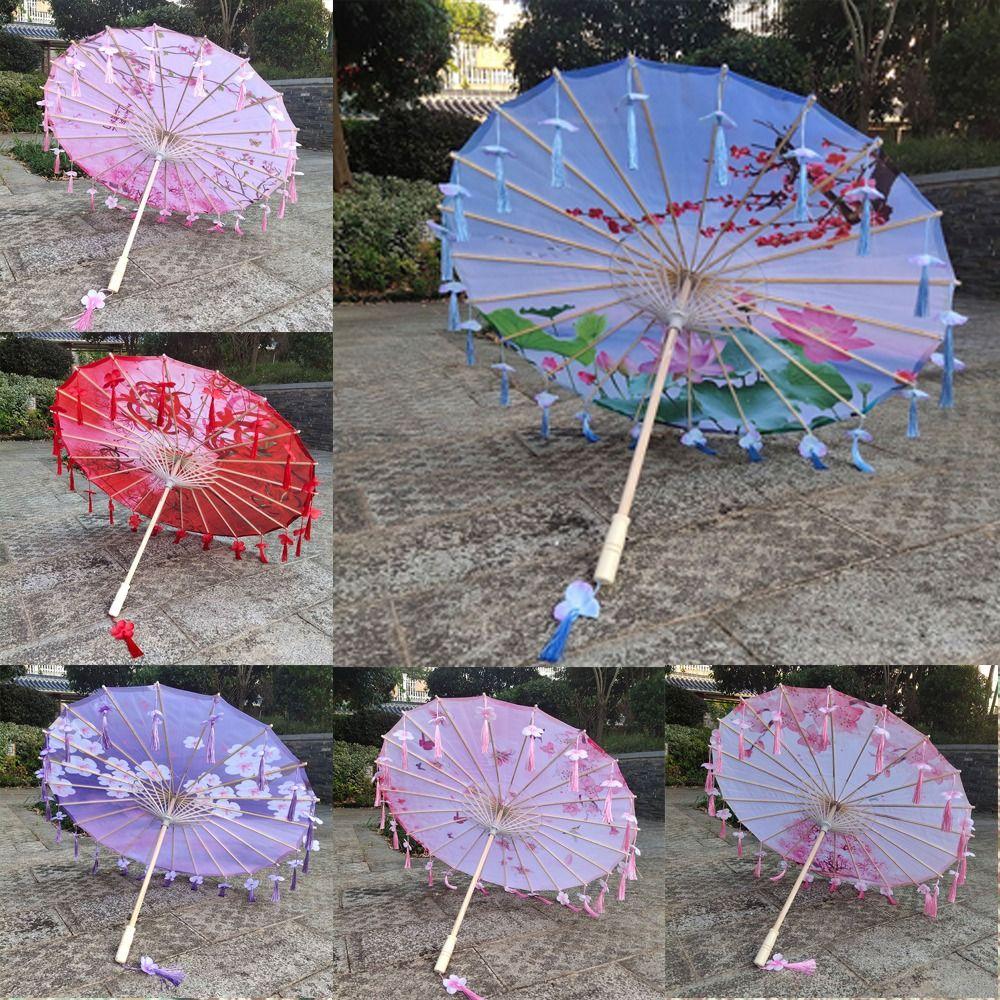 Chinese Japanese Art Silk Parasol Umbrella Large 82cm Embroidery Tassel Decorative Umbrella Classic Ribbon Umbrella