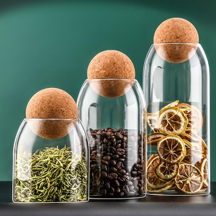 High Borosilicate Glass Storage Jar with Wooden Ball Cork for Tea or Coffee Beans