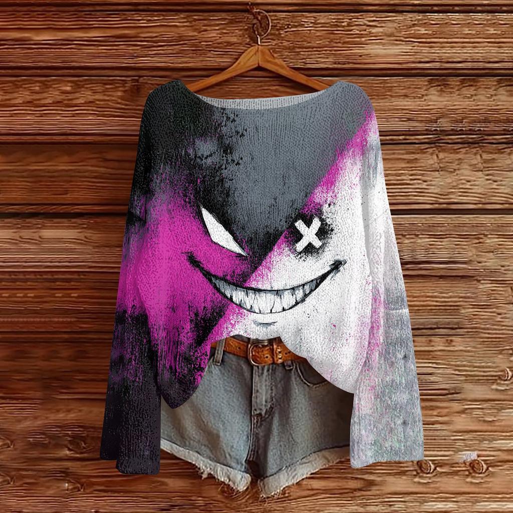Women's Long Sleeve Halloween Print Crewneck Knit Pullover Sweater for Casual Daily Wear