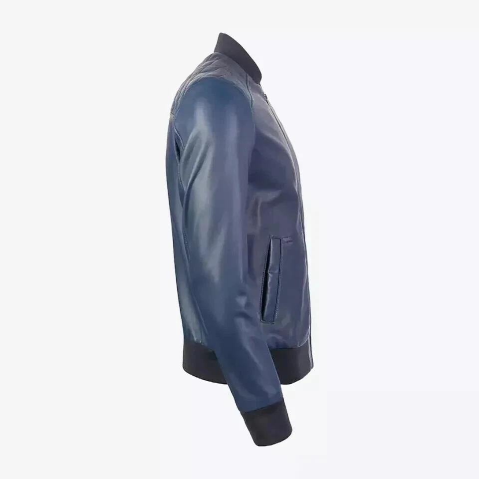 Leather Genuine Men's Bomber Blue Stylish Soft Jacket Handmade Biker Lambskin