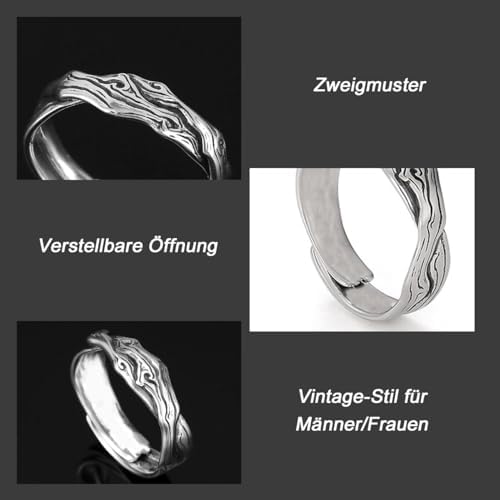 Auriselle Viking Ring for Men Adjustable Branch Pattern Open Ring Retro Punk Gothic Jewelry Unisex Vintage Party Birthday Christmas Gift