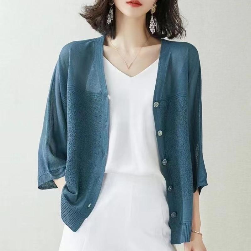 Spring and summer ice silk sunscreen air conditioner shirt thin blouse large size fat mm seven-quarter sleeve outer knitted cardigan women's coat