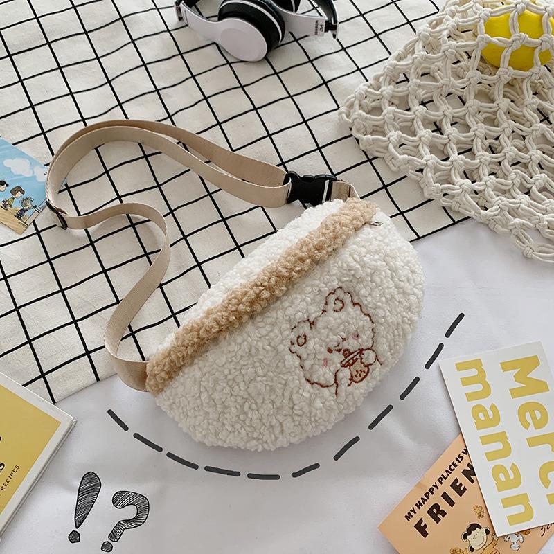 Cute plush bag women's 2025 new Japanese cartoon shoulder breast bag ins versatile fluffy messenger fanny pack tide