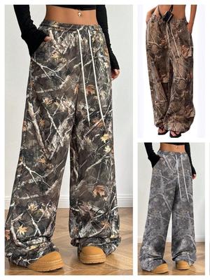 Amerikanische Teenager-Mädchen 2024 Lässige Camouflage Weitbein Hosen mit Raffbund