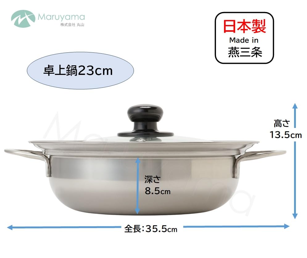 Maruyama Giken Tabletop Pot 23cm with Glass Lid, IH and Gas Stove Compatible, Double-Handled Pot, Made in Japan (Tsubame-Sanjo), Rejuura RE-614