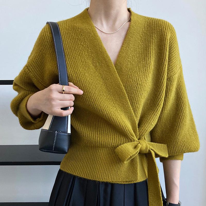 Advanced Sweater Knitwear Women Knitted Cardigan Fall Winter Tie V-neck Sweet Short Long-sleeved Knitted Tops