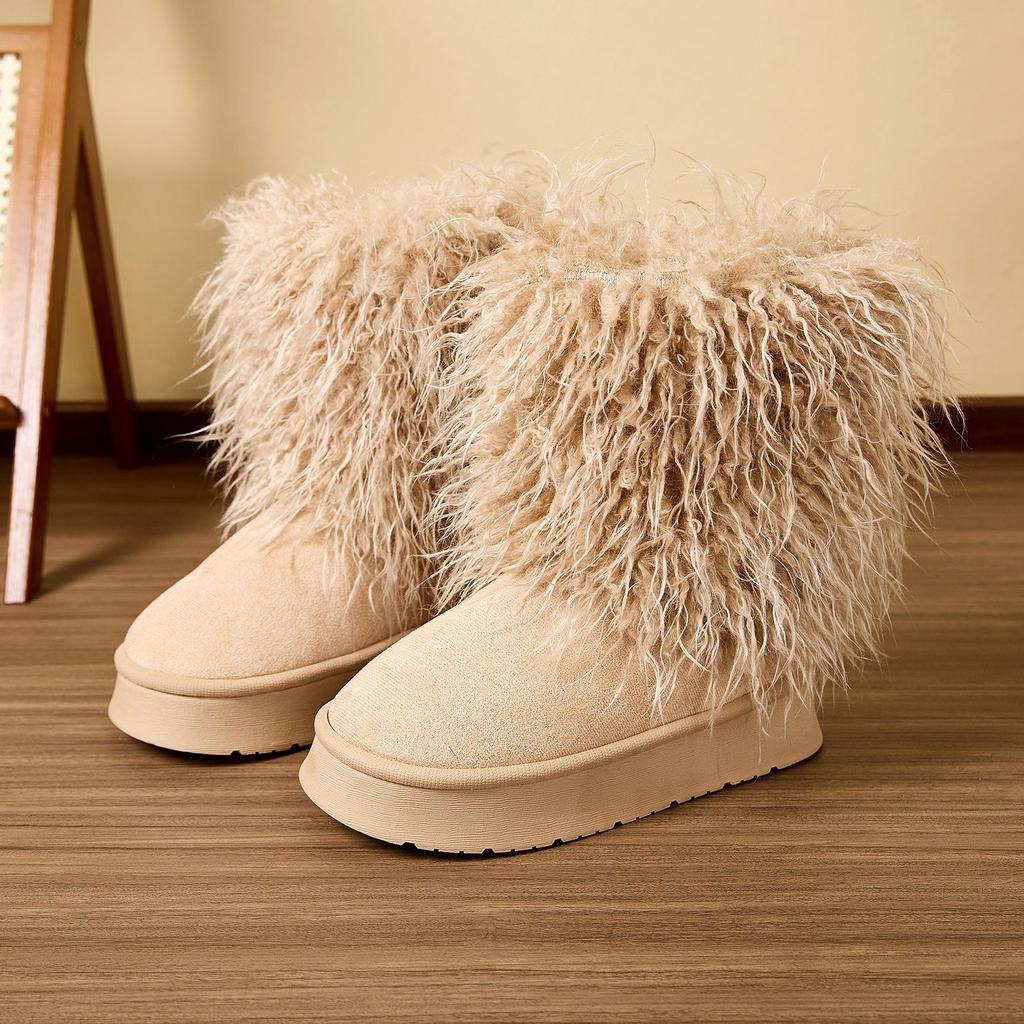 Autumn and Winter Long Haired Mid Length Boots with Thick Soles, Warm Home Cotton Shoes, Casual and Fashionable Snow Boots for Women