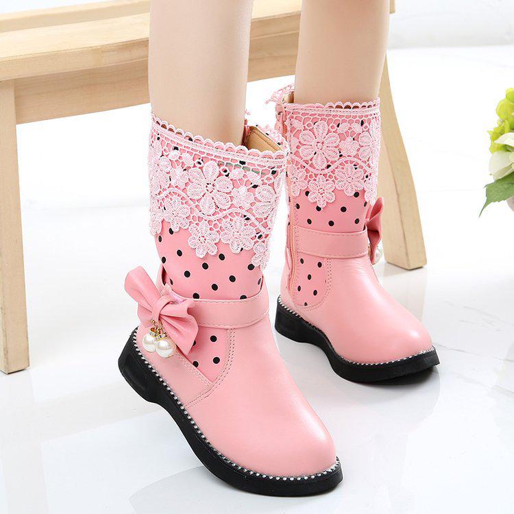 JGSHOWKITO Girls Boots Warm Cotton Kids Fashion Boots Children Winter Shoes For Girls Snow Boots PU Leather Lace Bow-knot Sweet