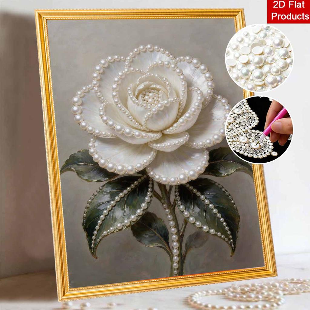 DIY Framed Pearl Painting Kit White Rose Flower Botanical Plant Sparkling Bead Canvas Creative Craft Gift for Women Adults
