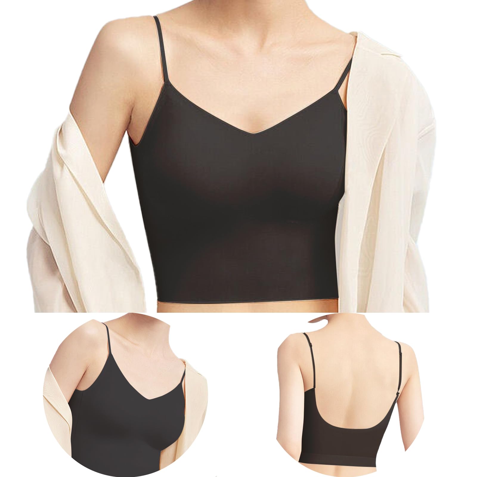 

Топ-бра на бретелях с чашечками для женщин Простой Мягкий Эластичный Плечевой Без сдавливания Прохладный Потоотвод Быстросохнущий [Vehmia] V-образный вырез [Регулируемые бретели, Ощущение, чёрный