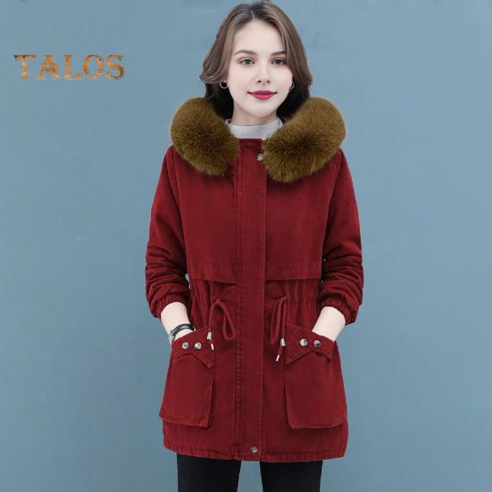 Winter Women Cotton Jacket with Furry Hood with Double Pockets Drawstring Waist Mid Length Zipper Closure Coat Solid Color Windproof Outwear Parka