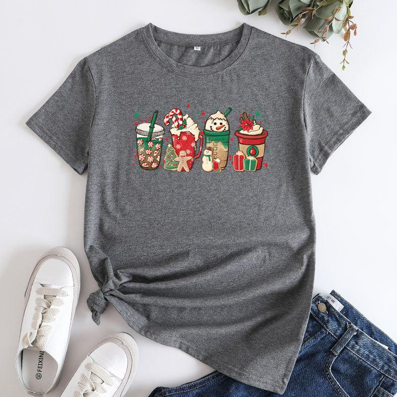 Summer Loose Christmas Print Pure Cotton Round Neck Short Sleeved T-Shirts Women’s