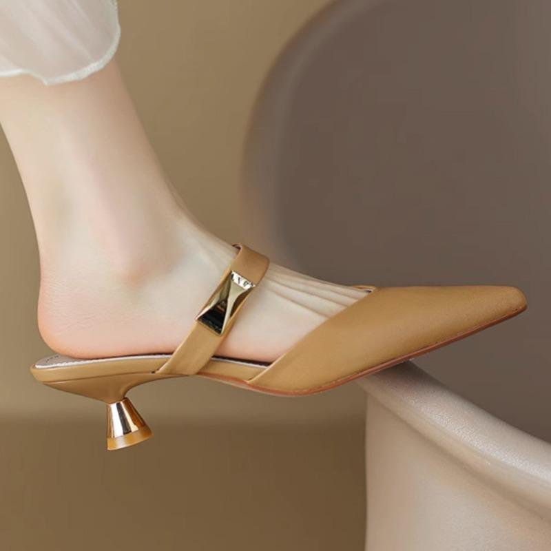 Woman Mules Slippers Leather Sandals Heeled Slides Sexy Pointed Toe Shoes for Women Casual Designer Luxury High Quality H Sandal