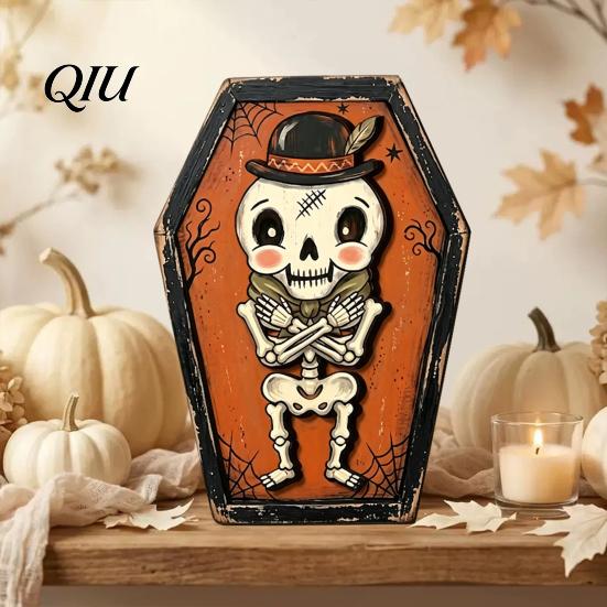 Festive Wooden Tabletop Decor Vintage Halloween Decor, Cat Mummy Skeleton Figurines, Tiered Tray for Fall Farmhouse Centerpiece Shelf
