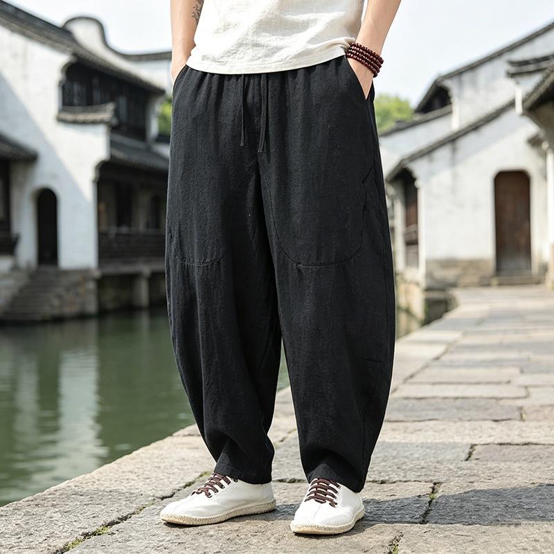 Men New Chinese Style Loose Straight Leg Casual Long Cotton Linen Pants