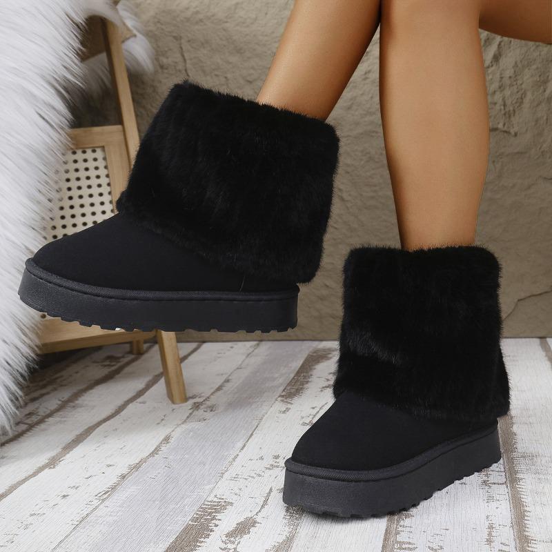 New large size round head flip fluffy short snow boots women's thick-soled warm and piled thickened cotton shoes
