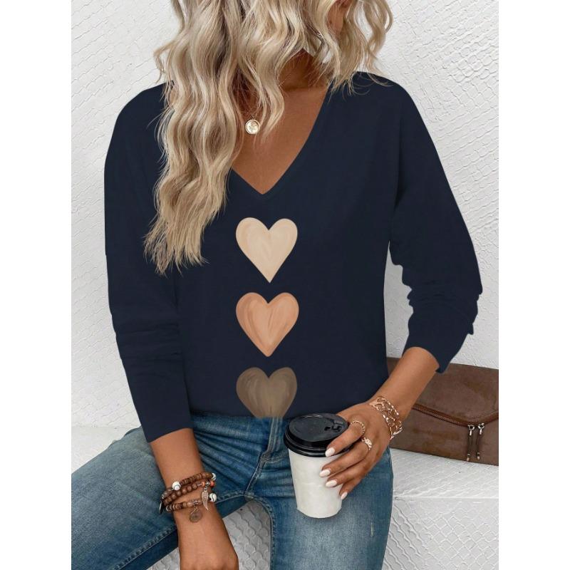 Women V Neck Long Sleeve Casual Heart Print T Shirt