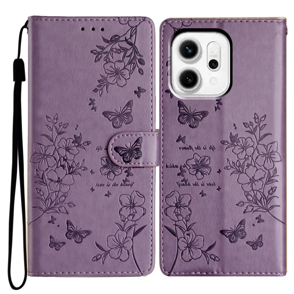 For Oppo Reno14 Pro 5G (Global) Lommebok Telefondeksel Sommerfugl Blomsterpreget Lær Flipdeksel med Stropp