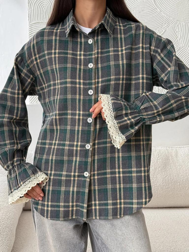 Red Black Gray Plaid Shirt with Lace Cuff Detail